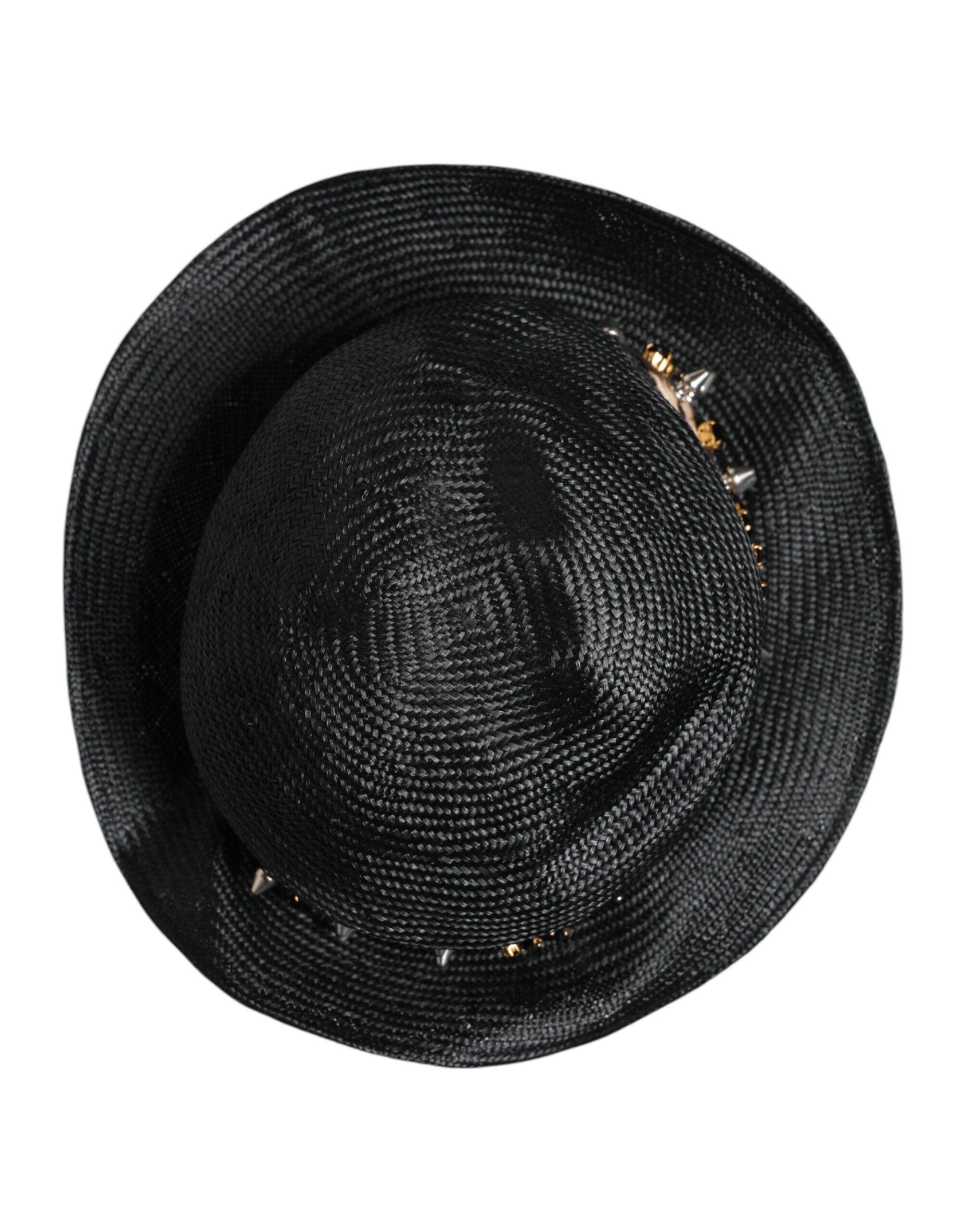 Dolce & Gabbana Black Straw Crystal Embellished Wide Brim Hat